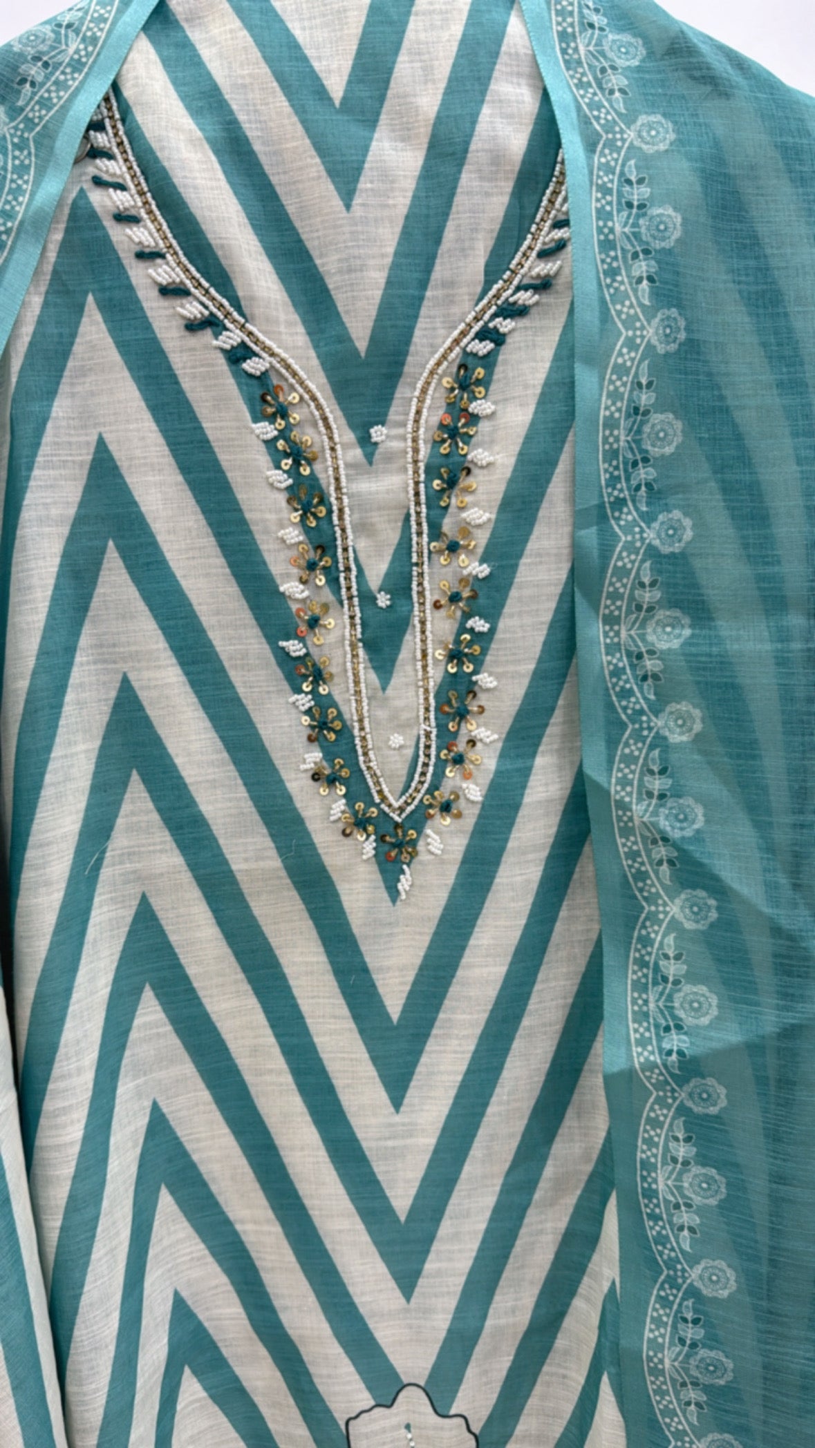 Unstitched linen shirt fabric in teal with zigzag pattern and intricate neckline detailing
