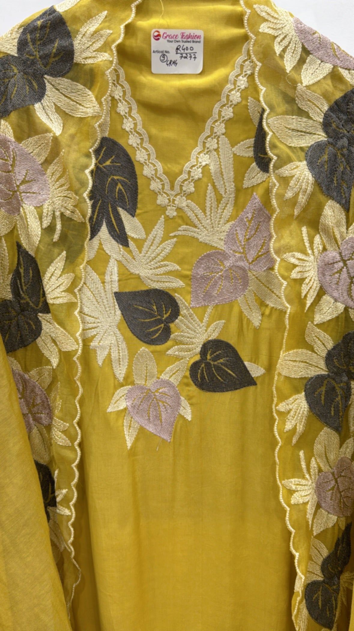Modal Cotton Silk Boho Shirt in yellow with floral embroidery and a V-neck design