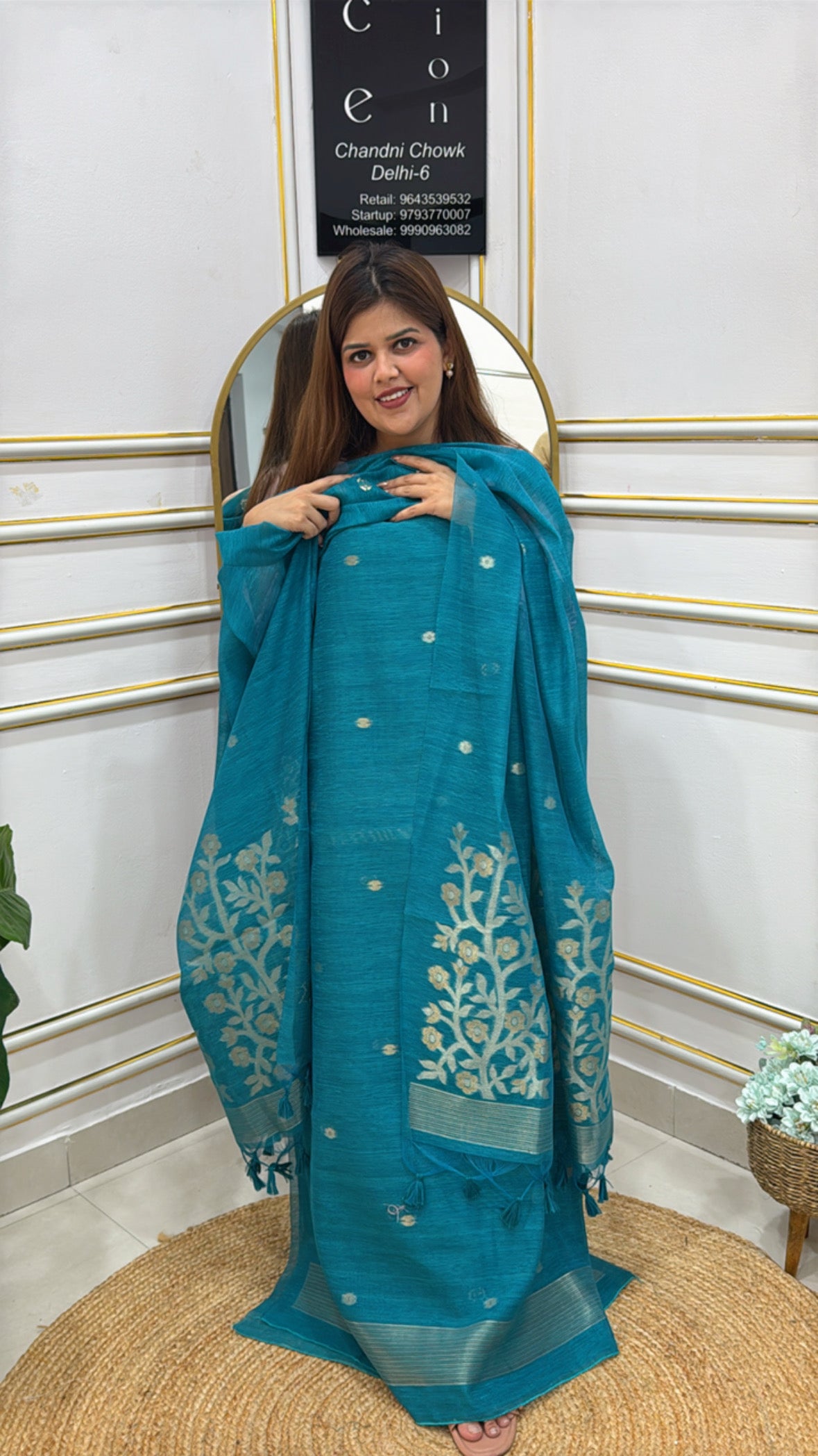 Elegant Moonga Silk Jamdhani Suit in teal with intricate floral embroidery for festive occasions