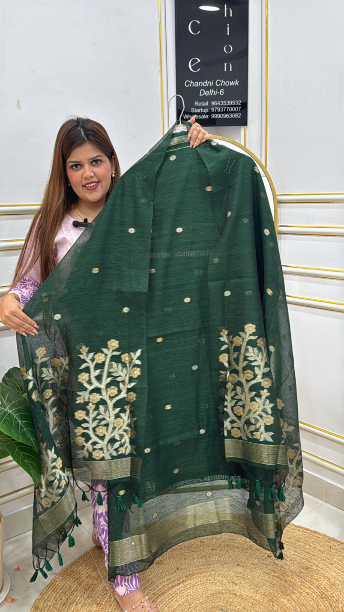 Elegant Moonga Silk Jamdhani Suit with intricate floral design and tassels, perfect for festive occasions