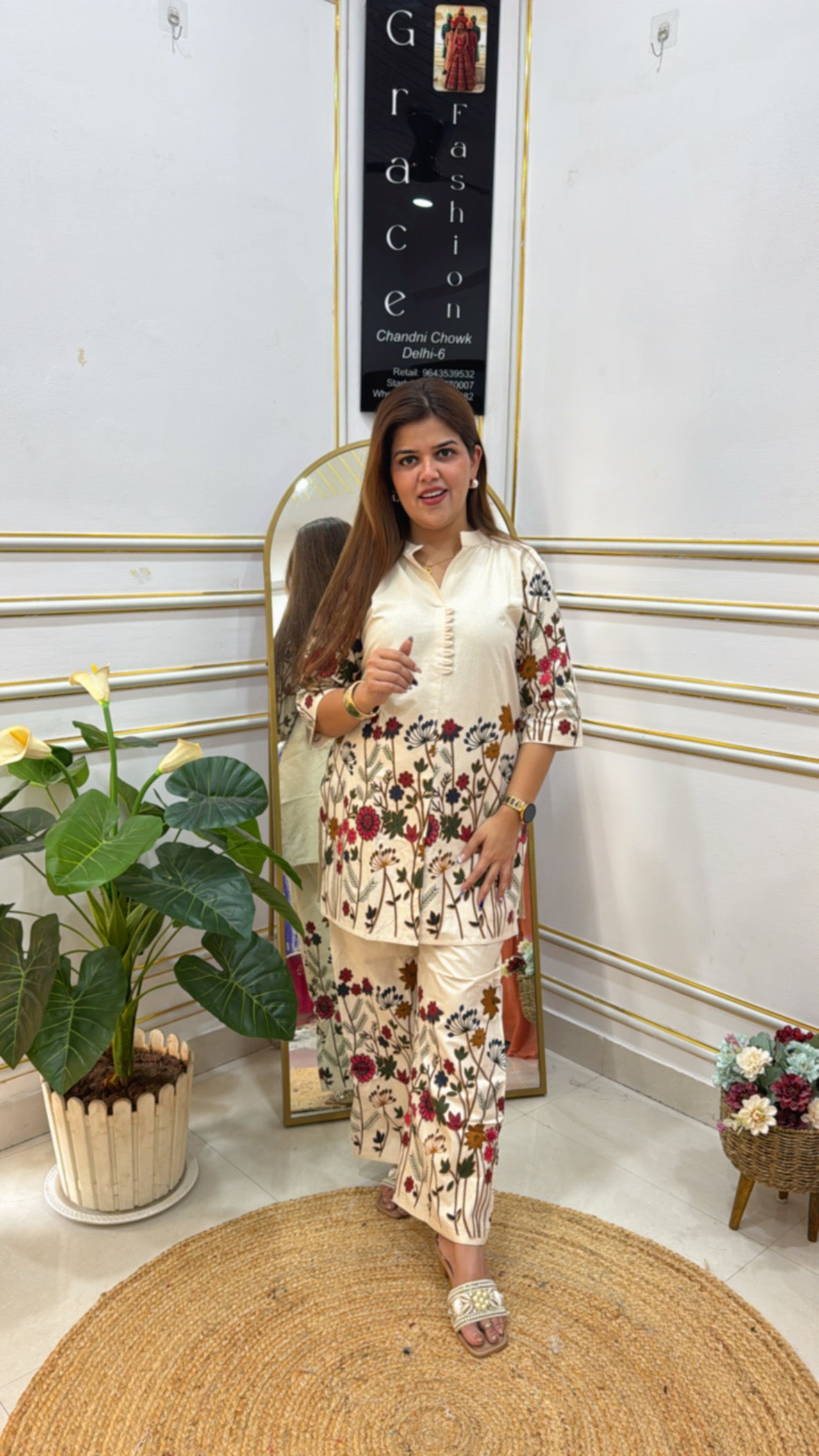 Elegant woman in premium cotton coord suits with floral pattern and stylish neckline for casual wear