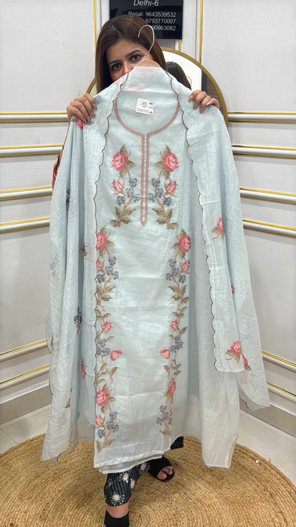 Elegant embroidered long coat made from premium cotton silk fabric with floral design