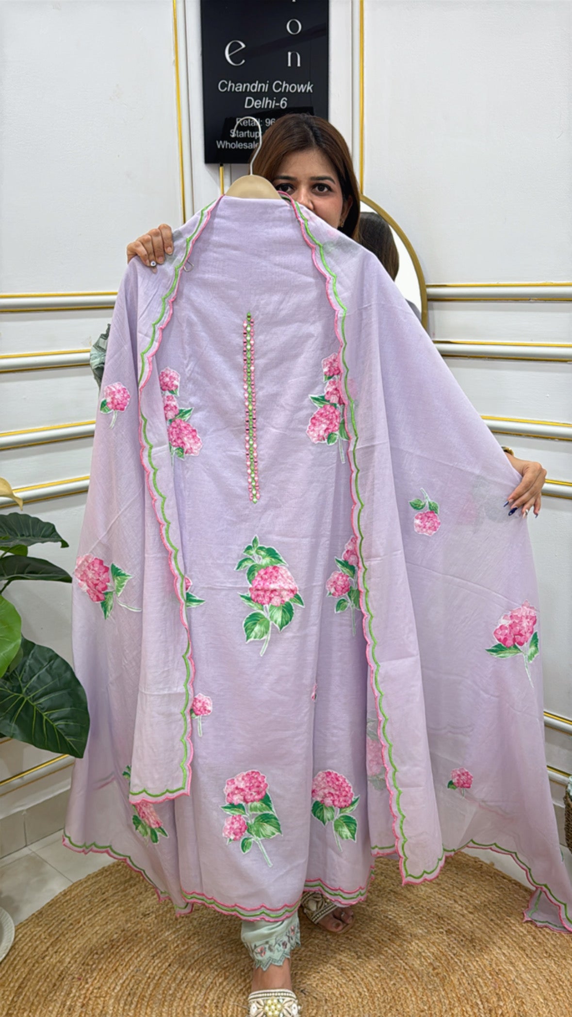 Elegant Premium cotton silk unstitched suit in lavender with floral embroidery details