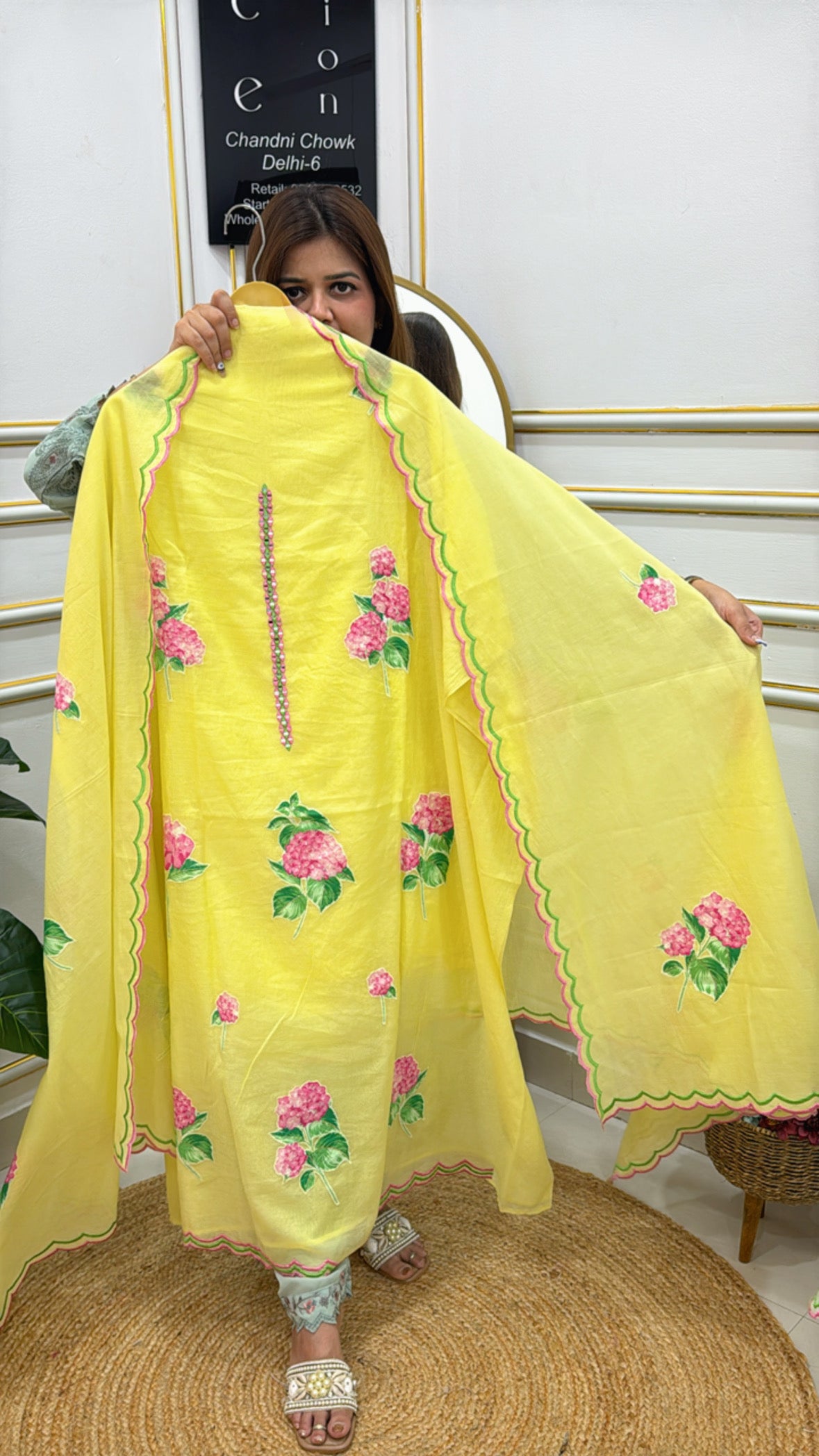Yellow Premium cotton silk unstitched suit with floral embroidery and scalloped edges