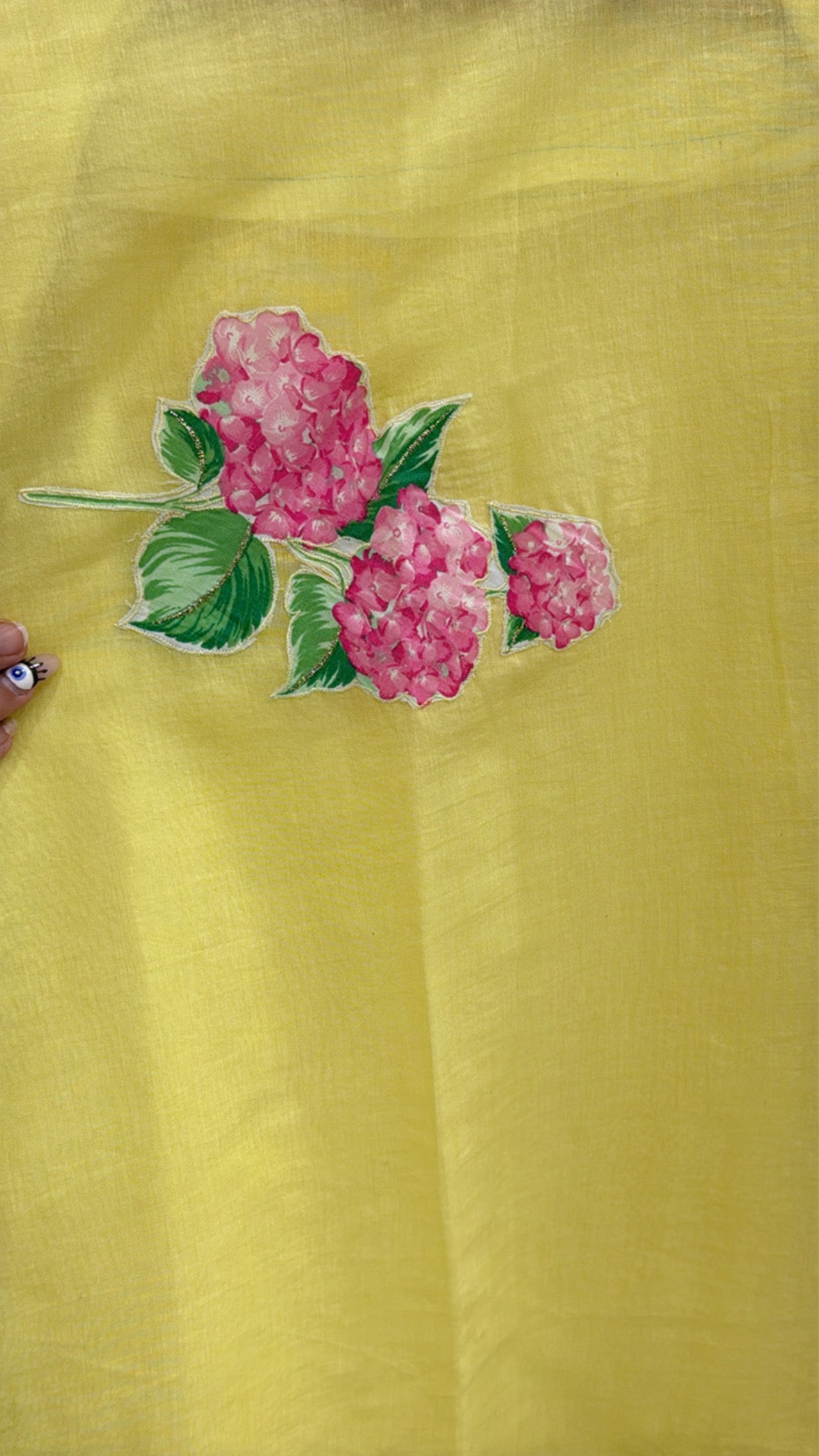Premium cotton silk unstitched suit in yellow with floral pink embroidery detailing