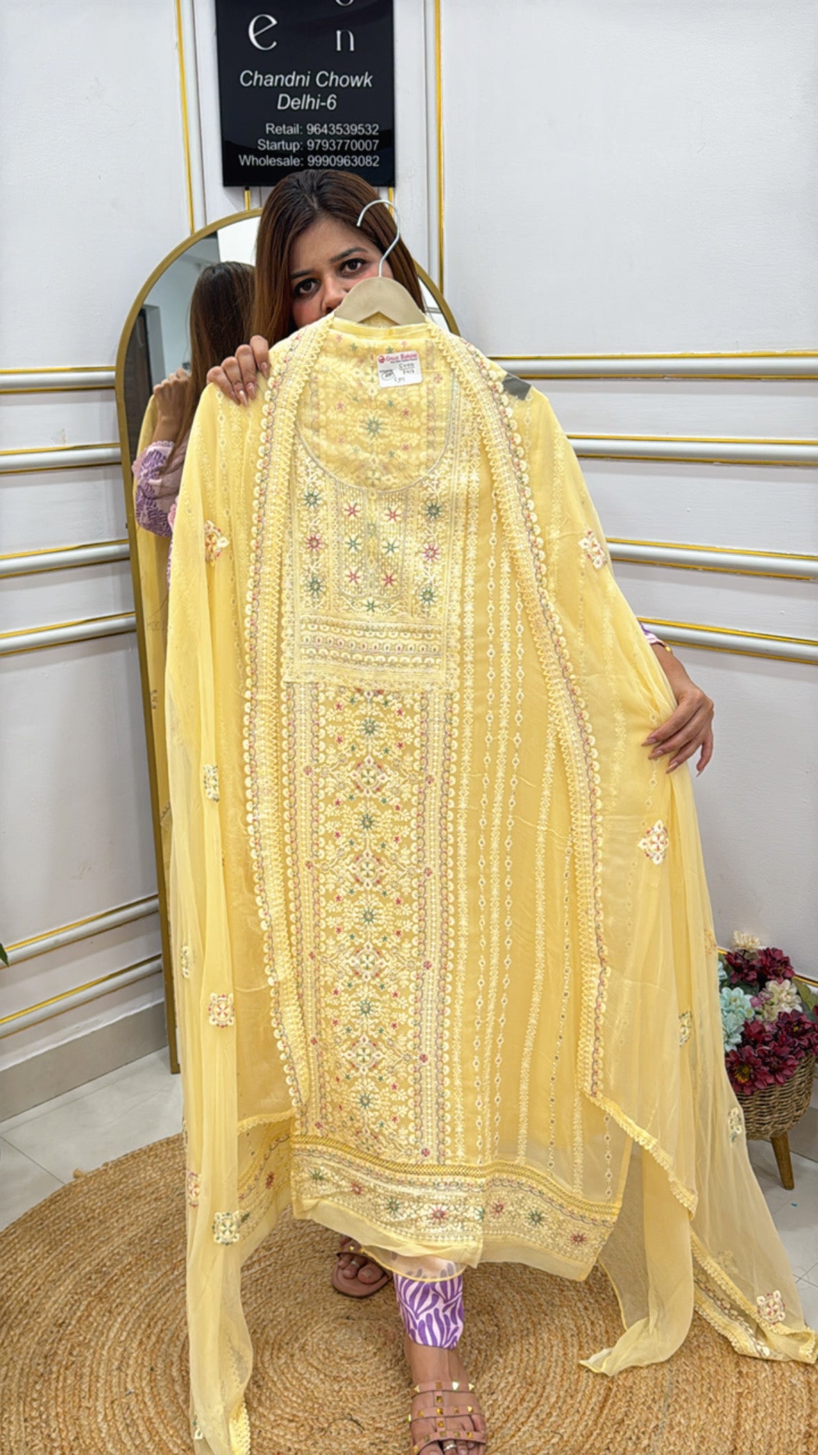 Elegant Premium Lucknowi Georgette Suits in yellow with intricate embroidery and embellishments