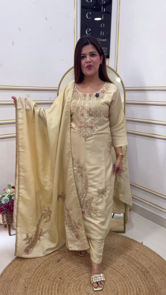 Premium pure shimmer silk ready to wear golden ivory handwork suit along with shimmer silk applique detailing dupatta GF1038