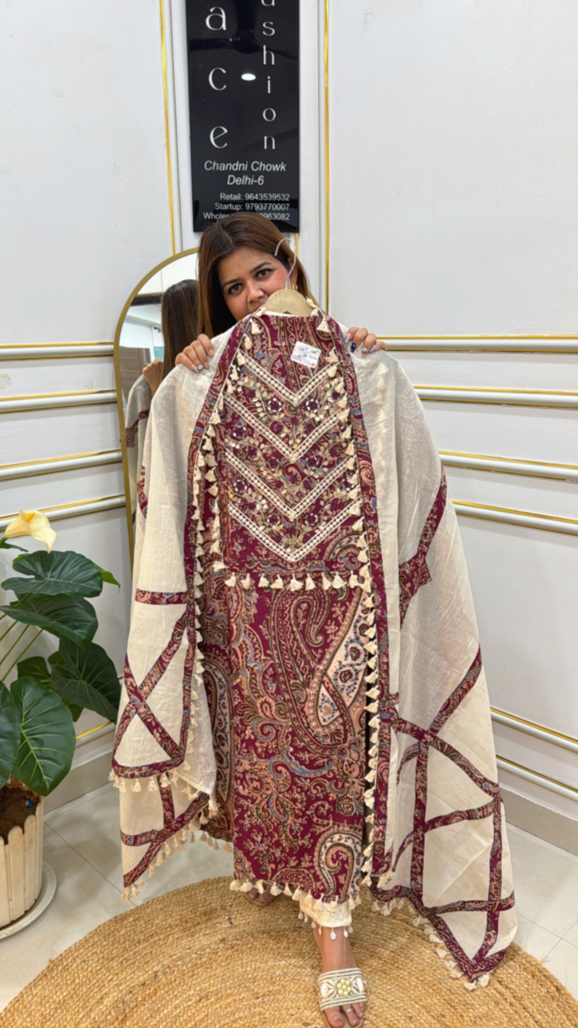 Elegant pure cotton designer suits in maroon and beige with intricate paisley patterns and tassels