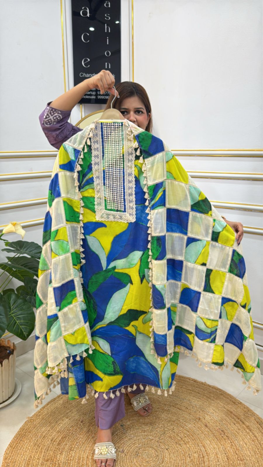 Vibrant blue and yellow pure cotton laces fabric beach cover-up with intricate detailing and tassels