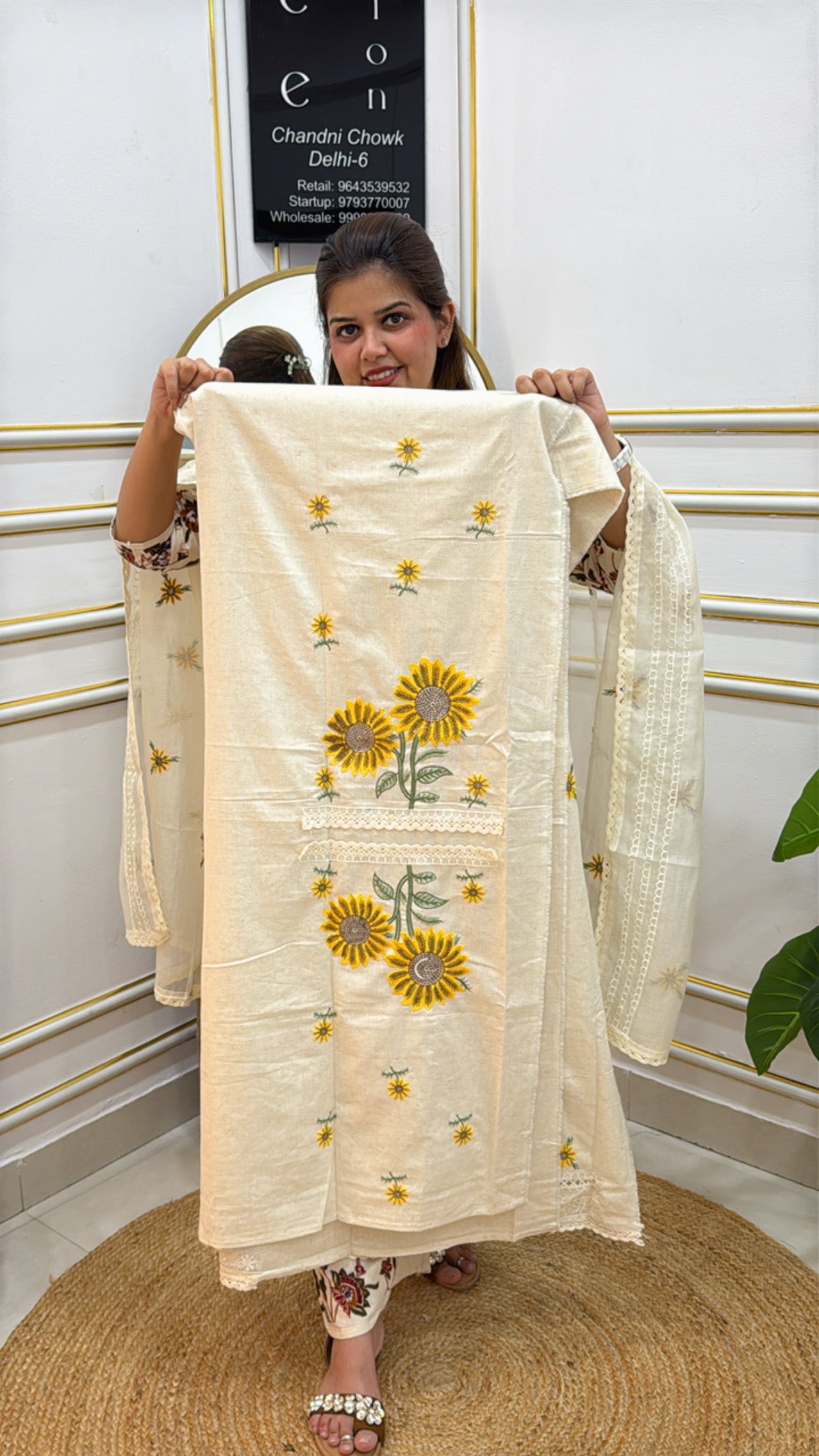The Grace Fashion Cream Embroidered Kurta with Sunflower Design for Elegant Summer Style