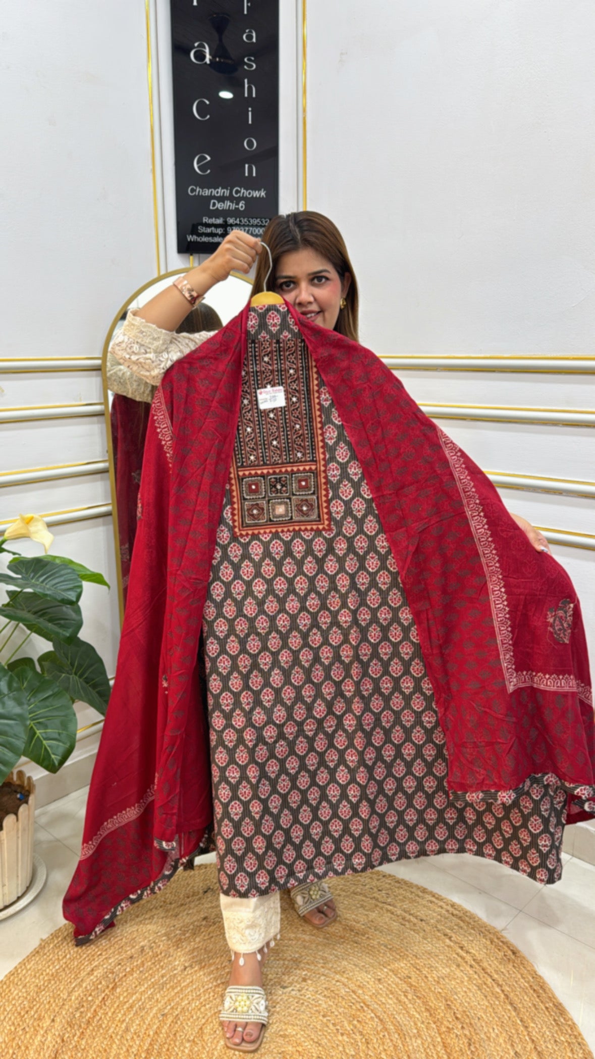 Traditional Cotton Suit Set featuring intricate patterns and a vibrant red dupatta, perfect for festive occasions