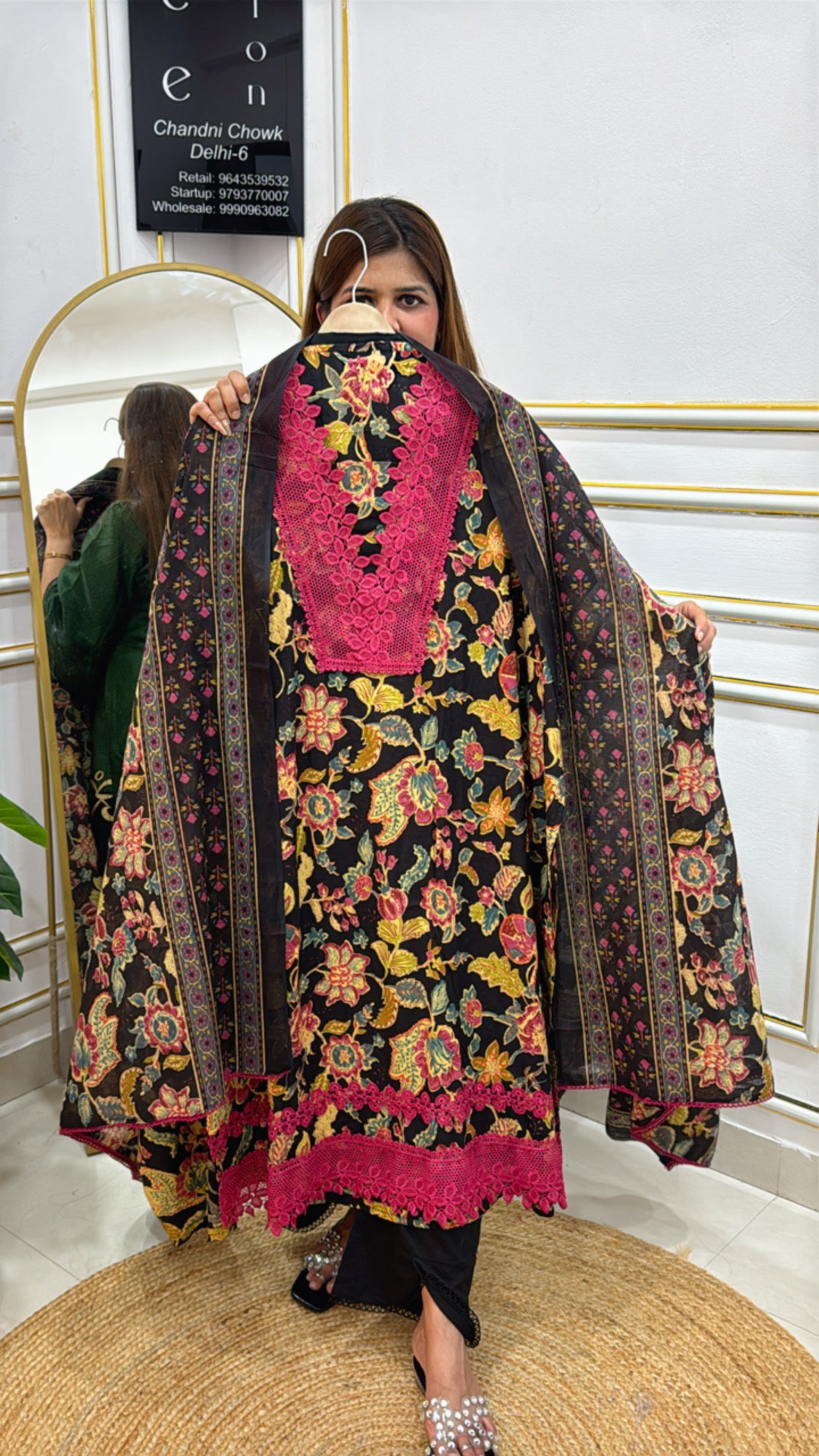 Floral Printed Black Kaftan from The Grace Fashion with Pink Lace Trim and Versatile Design