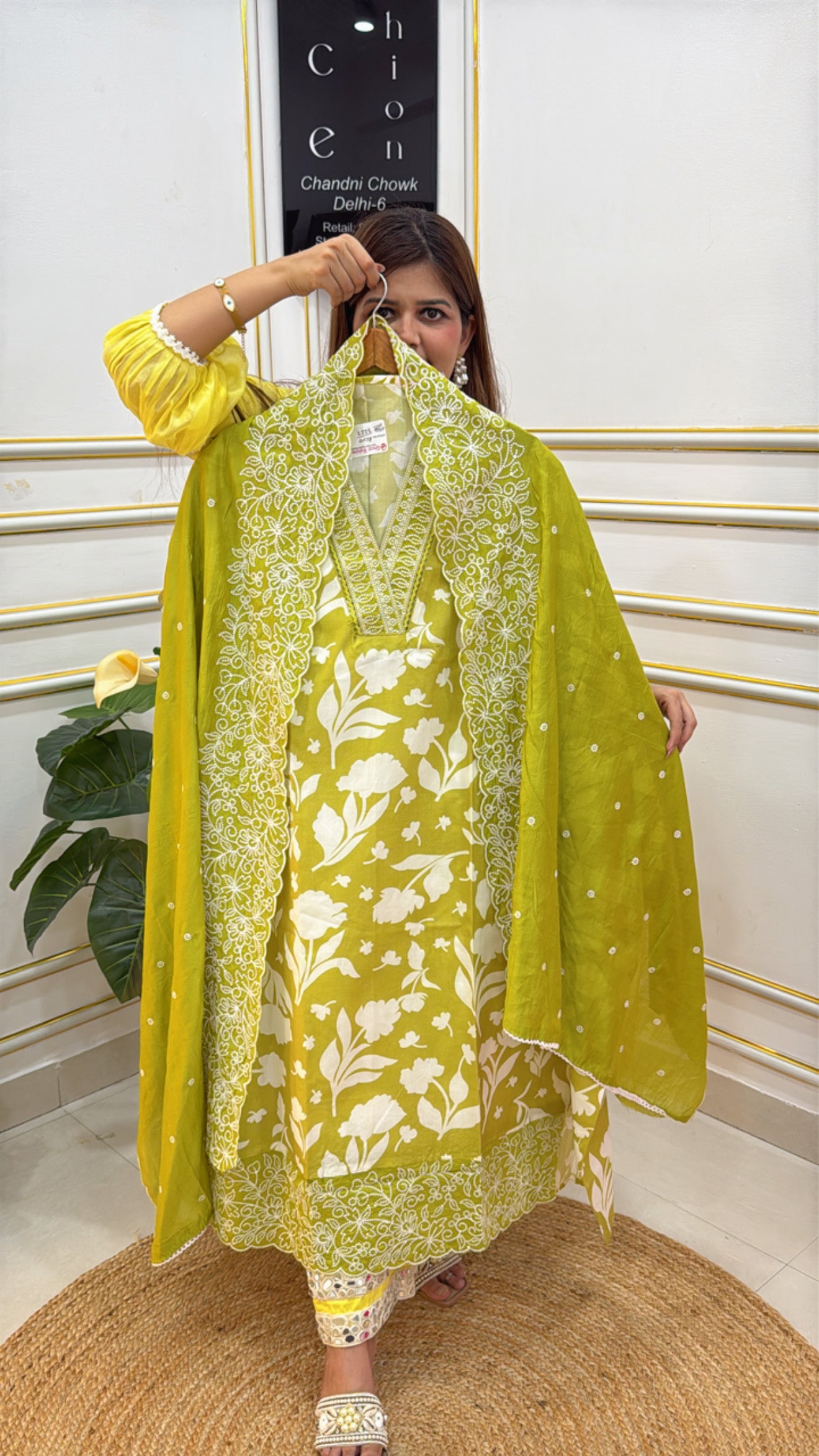 Unstitched ladies suits online featuring a green floral embroidered fabric set from The Grace Fashion