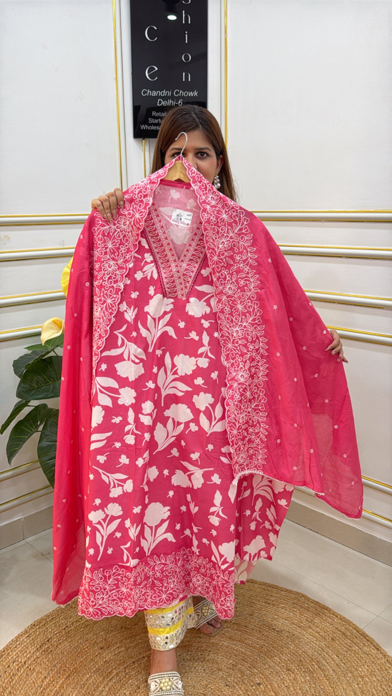 Pink floral embroidered unstitched ladies suits online displayed by The Grace Fashion