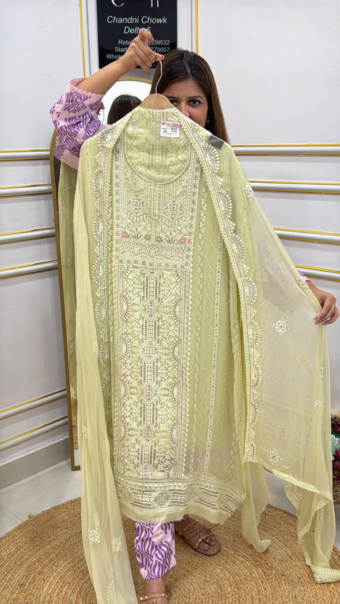Elegant unstitched ladies suits in light green with intricate embroidery and matching dupatta