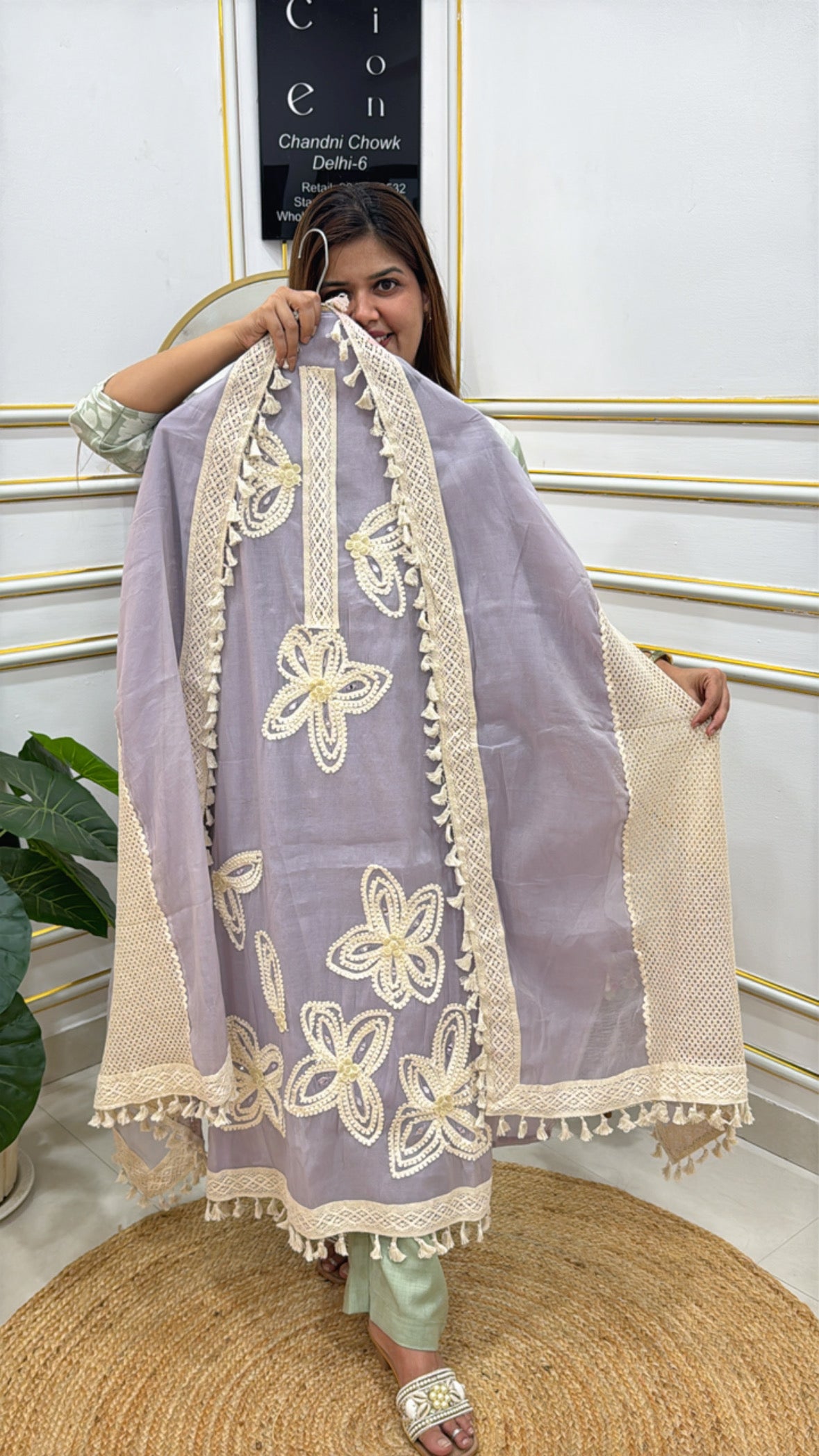 Elegant lavender shawl with embroidered floral designs and lace trim from The Grace Fashion