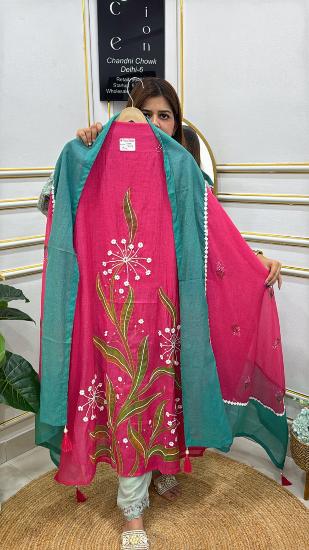 The Grace Fashion Pink and Teal Floral Embroidery Long Kurta with Elegant Details