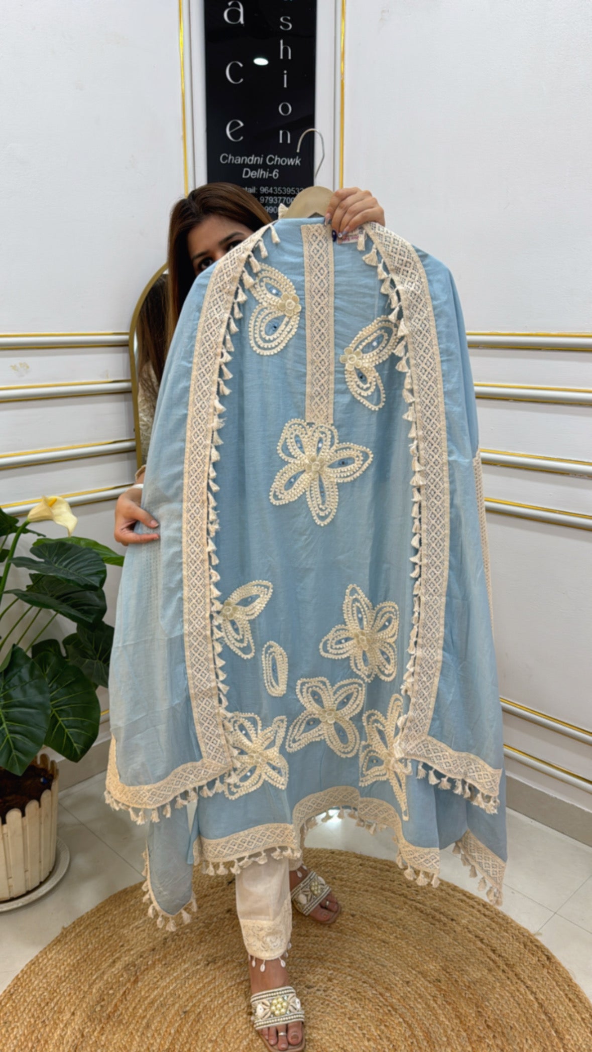 Light Blue Embroidered Shawl from The Grace Fashion with Floral Lace Details and Tassels