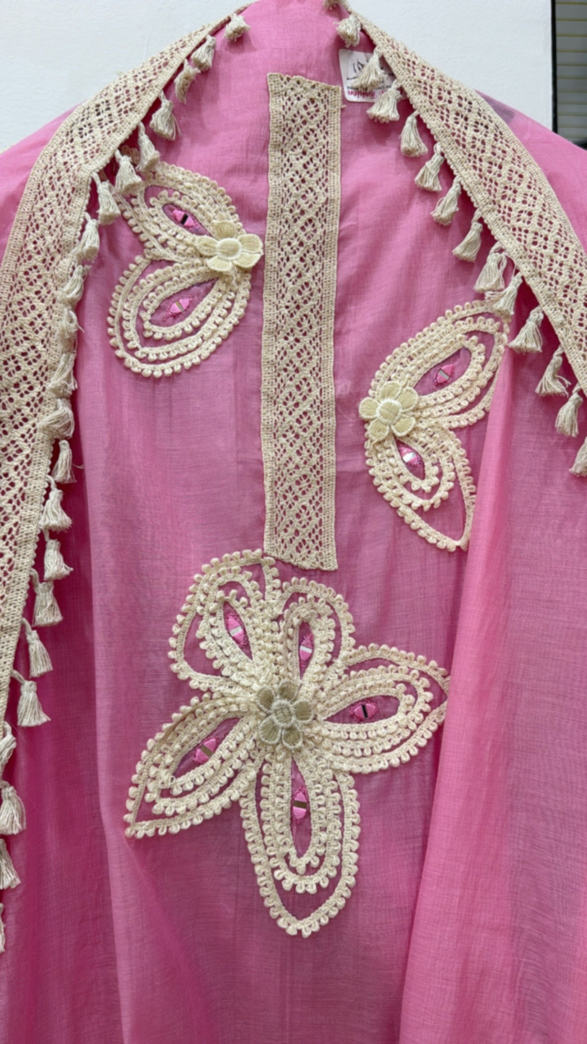 Pink Grace Fashion Kimono with Intricate Lace Embroidery and Tassel Details