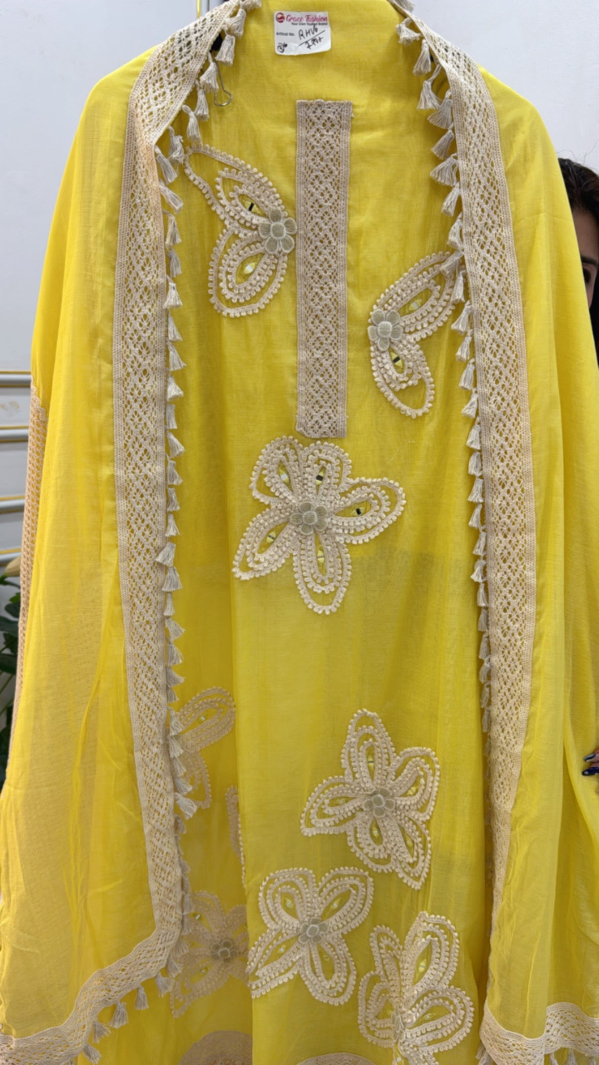 The Grace Fashion Bright Yellow Kaftan with Intricate Lace Butterfly Embellishments