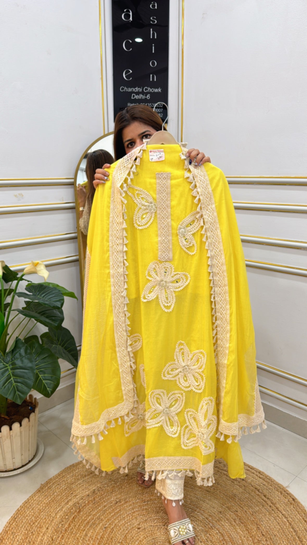 The Grace Fashion Yellow Salwar Kameez Dress with Floral Embroidery and Lace Detailing