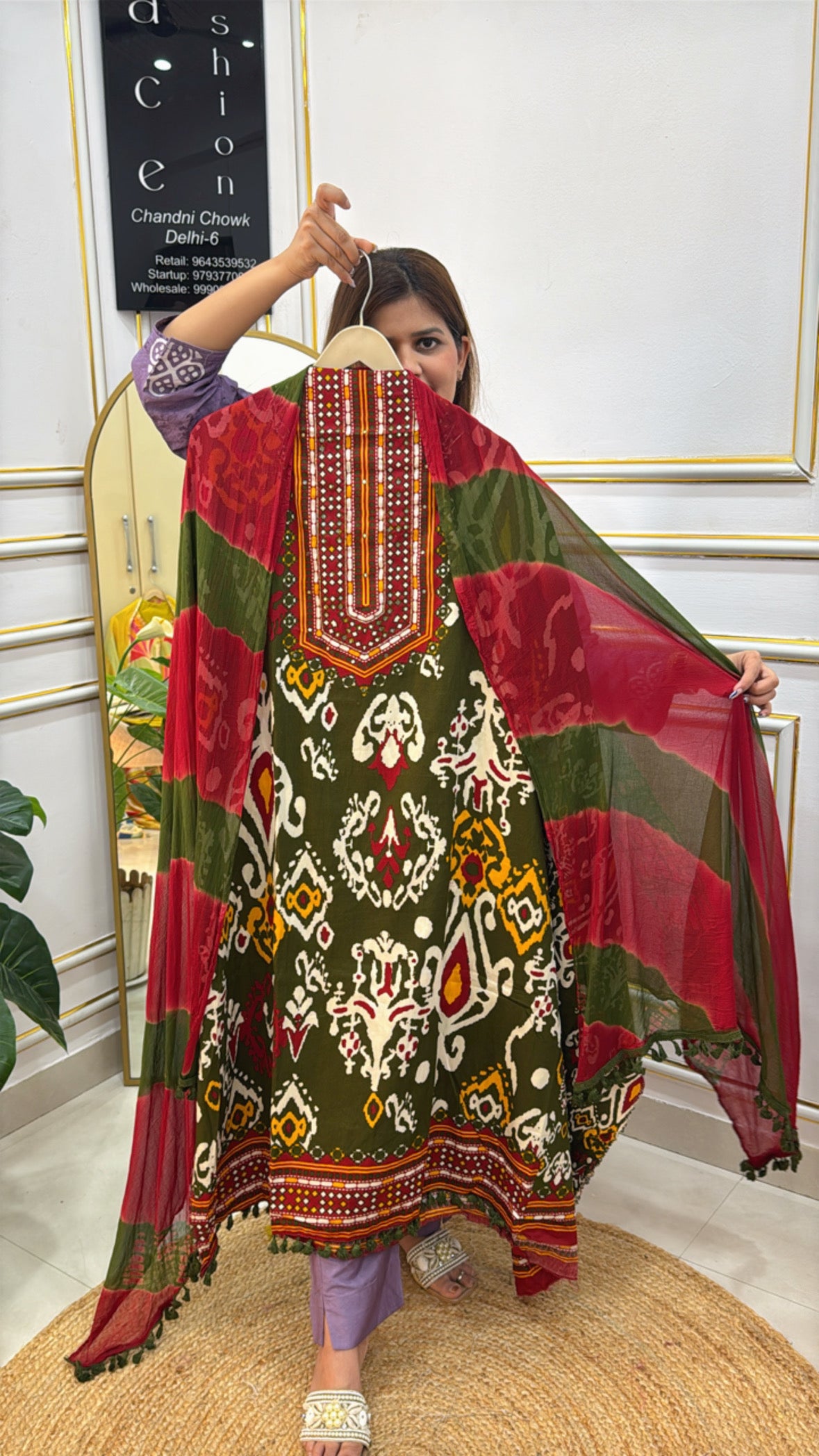 Elegant The Grace Fashion Chikan Kari Kurta Set in Green and Red with Traditional Embroidery and Flowing Design