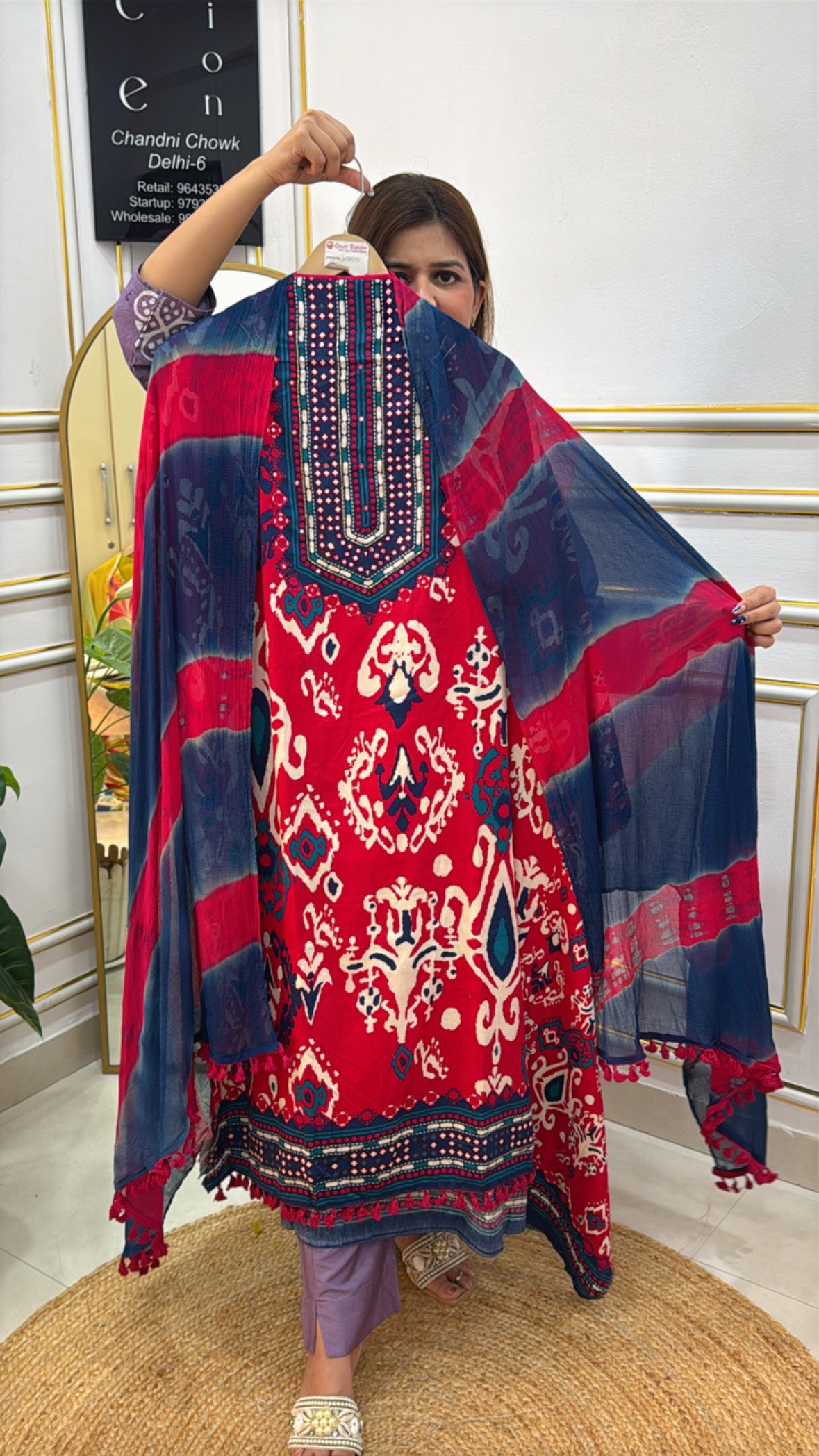 Traditional The Grace Fashion Chanderi Chikankari Dress in vibrant red and blue patterns with stylish shawl