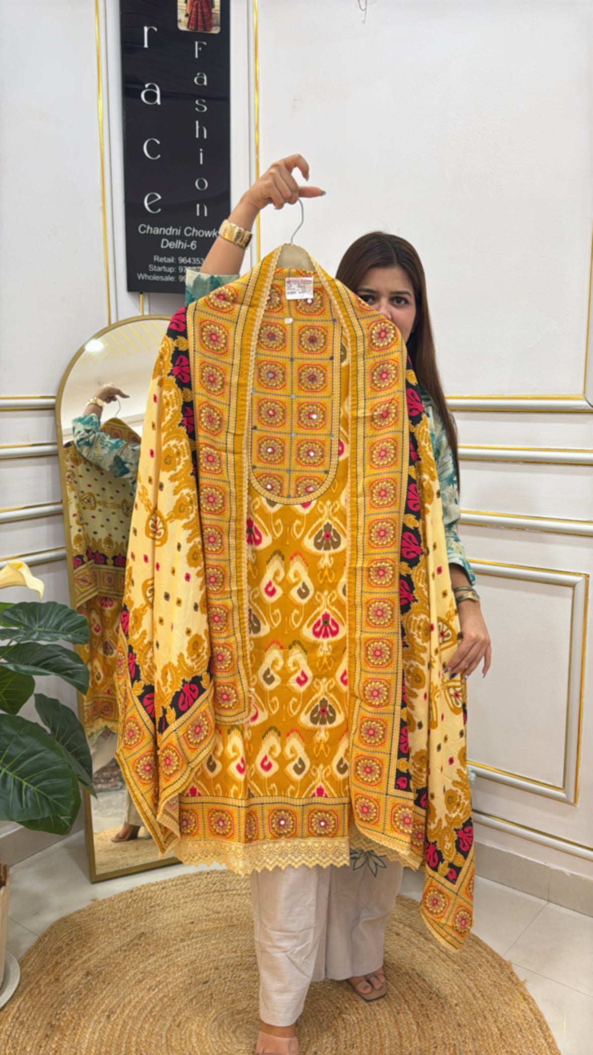 Elegant yellow fashion shawl with intricate patterns and floral designs by The Grace Fashion