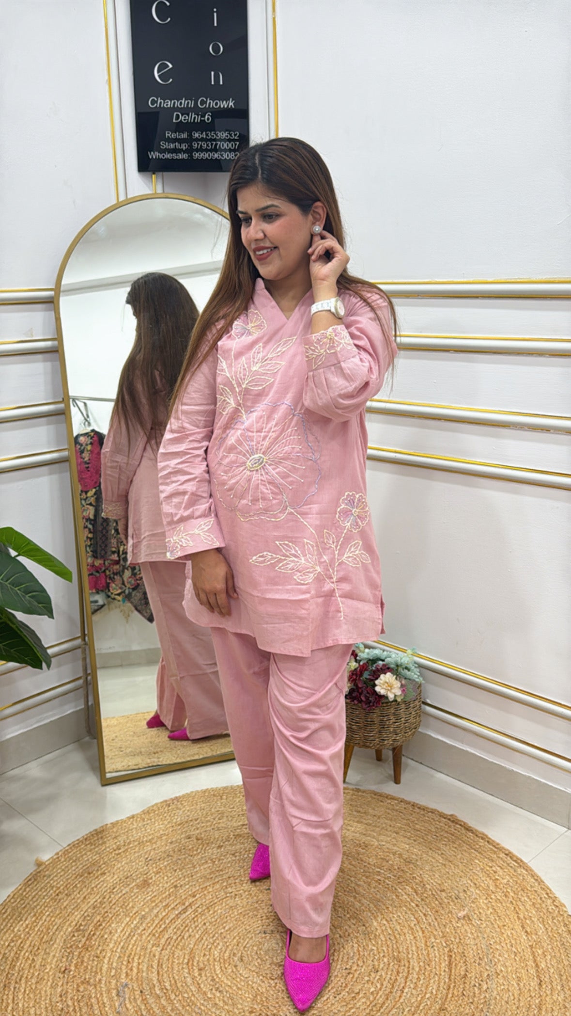 Elegant pink embroidered kurta set by The Grace Fashion, perfect for festive occasions and comfortable wear
