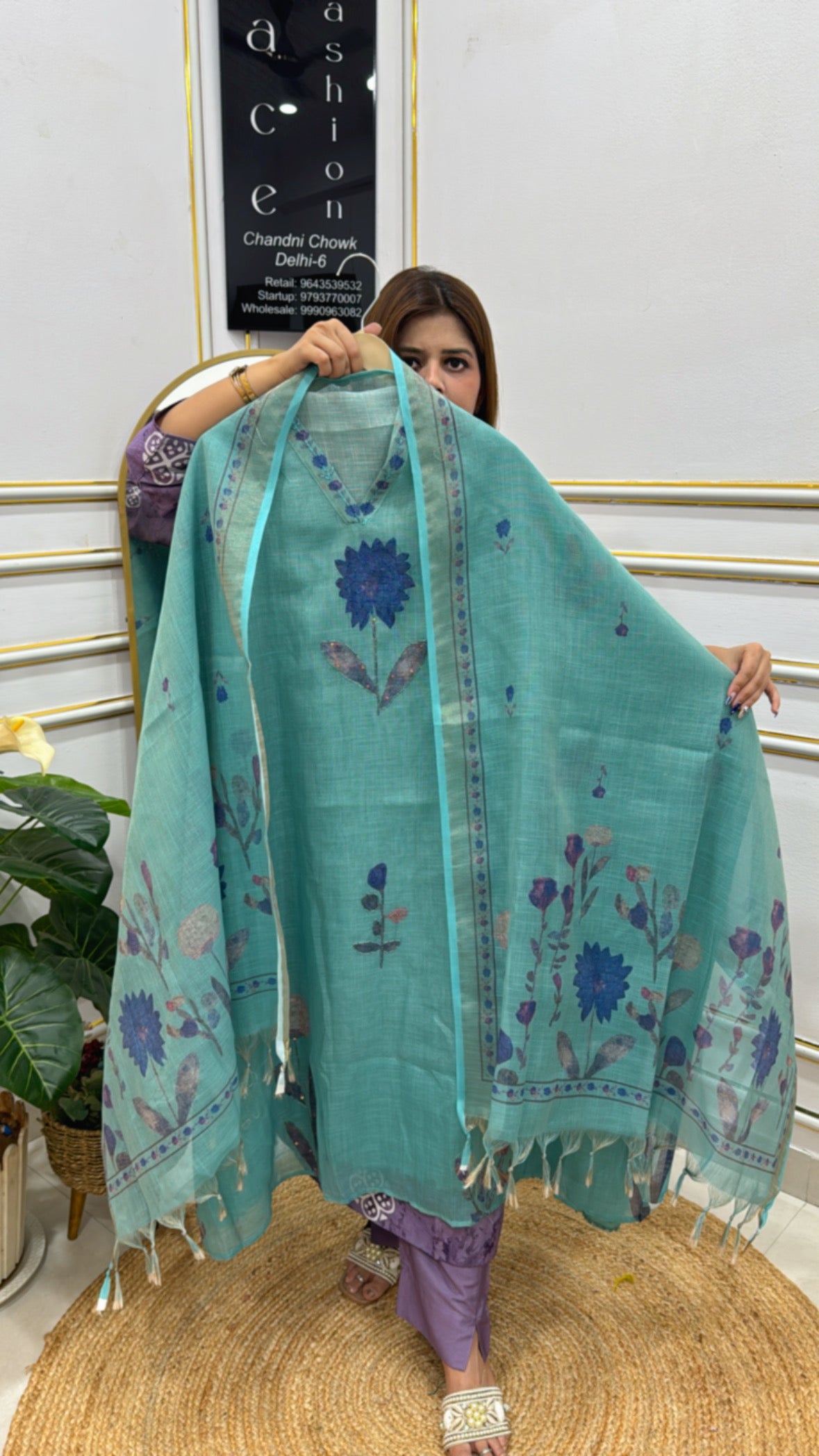 Turquoise Floral Embroidered Shawl from The Grace Fashion with Elegant Tassels for Stylish Layering