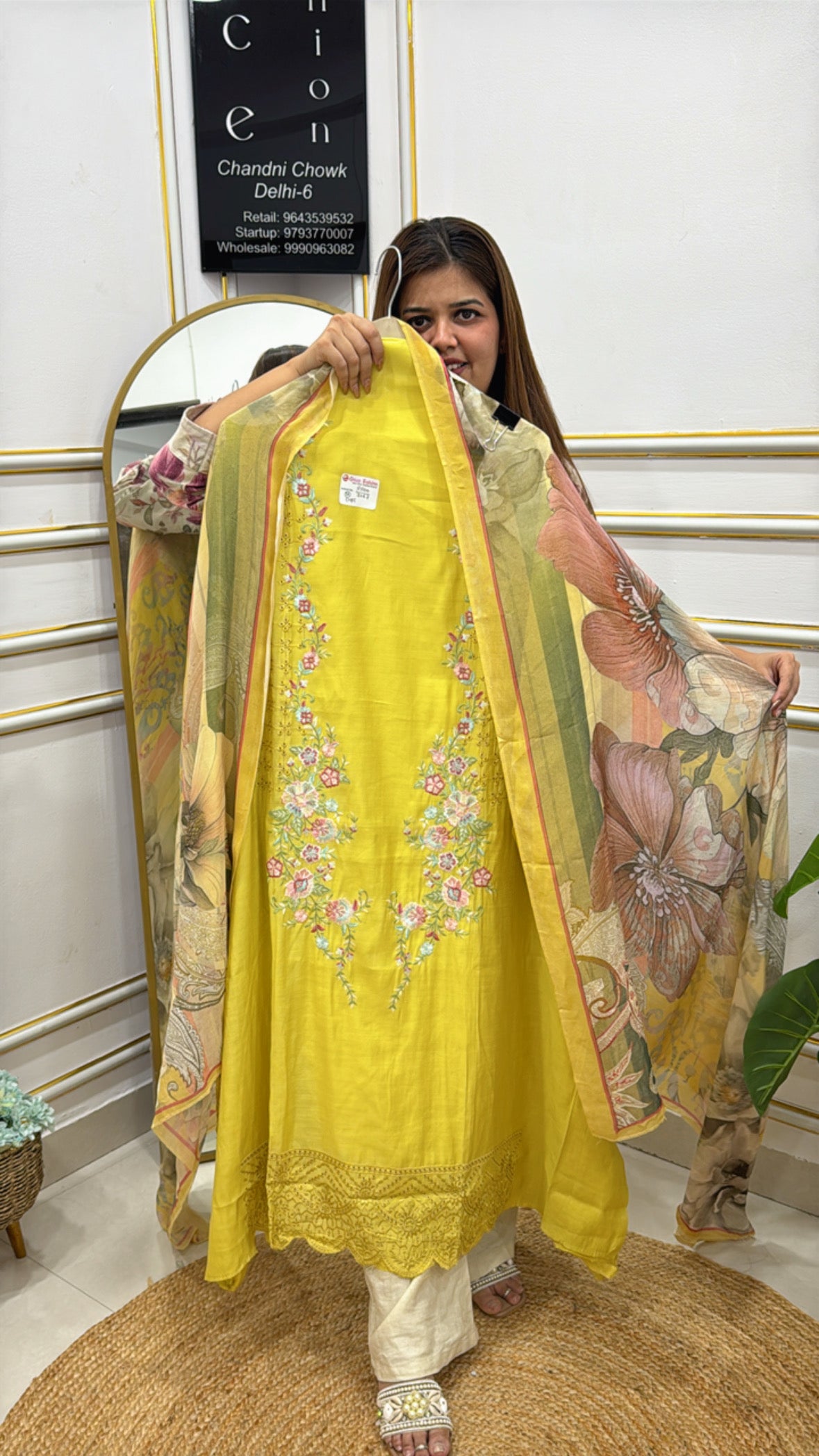 Charming yellow embroidered kurta from The Grace Fashion with floral designs and lightweight fabric