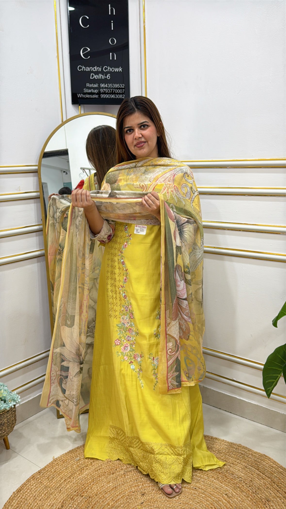 Elegant yellow Anarkali suit by The Grace Fashion with floral embroidery and matching dupatta