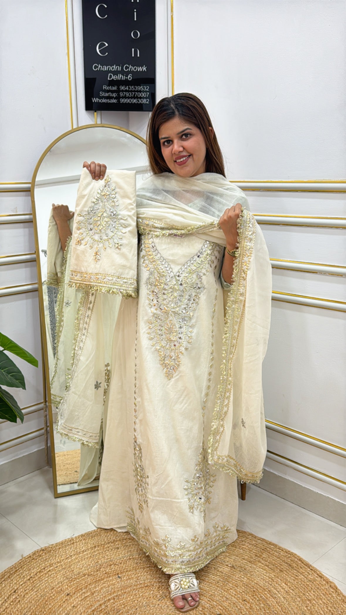 Elegant white embroidered Anarkali suit with a matching dupatta by The Grace Fashion